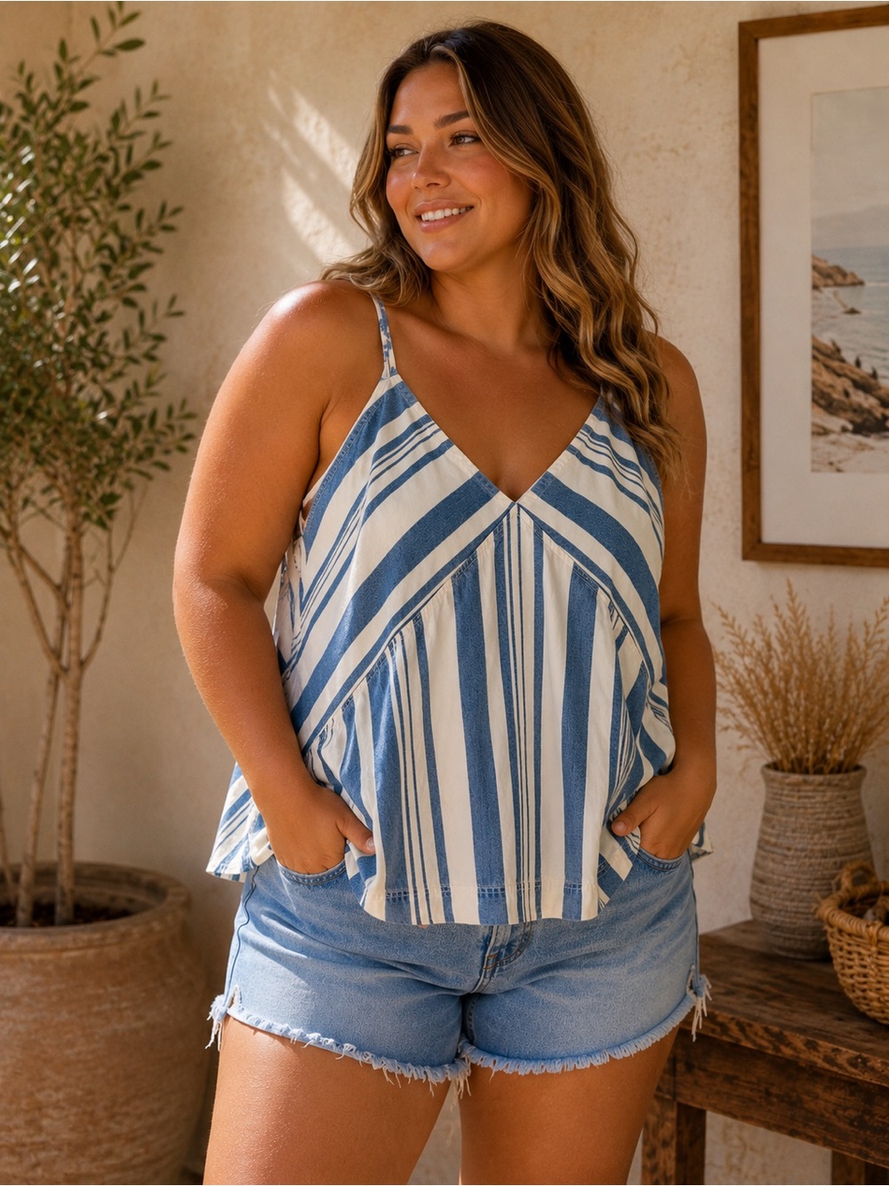 Universal Thread Blue & White Striped V-Neck Cami Tank Top